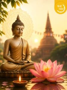बुद्ध पूर्णिमा 2026 पूजा, भगवान बुद्ध की मूर्ति, कमल और दीपक के साथ आध्यात्मिक दृश्य